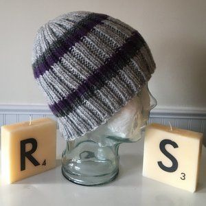 Hand Knitted Purple & Grey Striped Beanie.